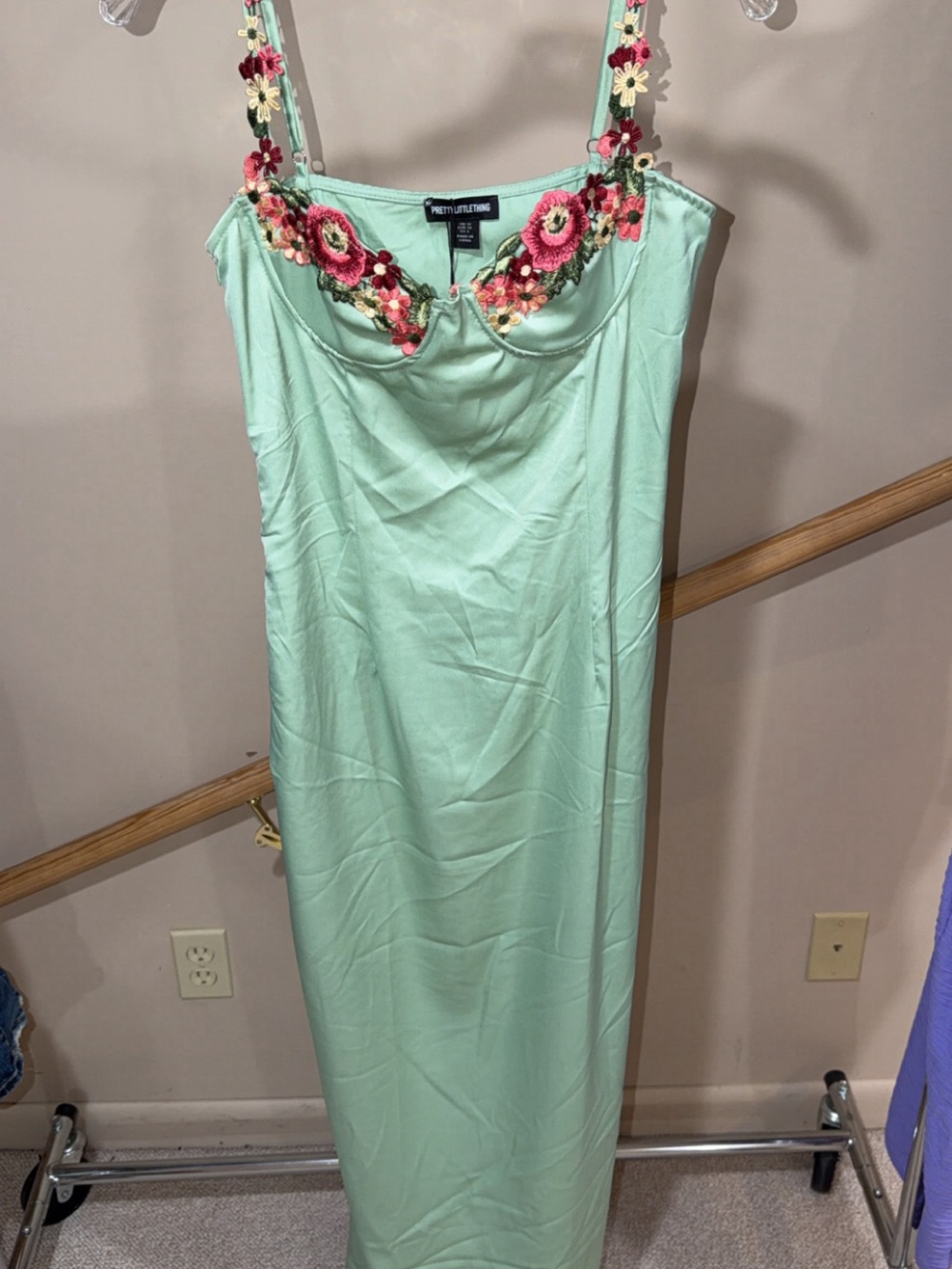 PrettyLittleThing Mint Maxi Slip Dress with Floral Embroidered Straps